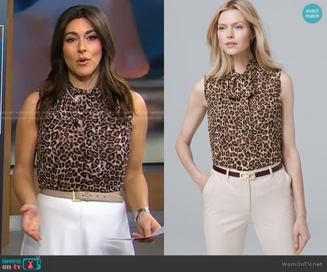 White House Black Market Tie-Neck Leopard-Print Shell worn by Erielle Reshef on Good Morning America