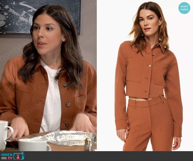 Wilfred at Aritzia Little Cropped Jacket in Anise Brown worn by Kristina Corinthos-Davis (Kate Mansi) on General Hospital