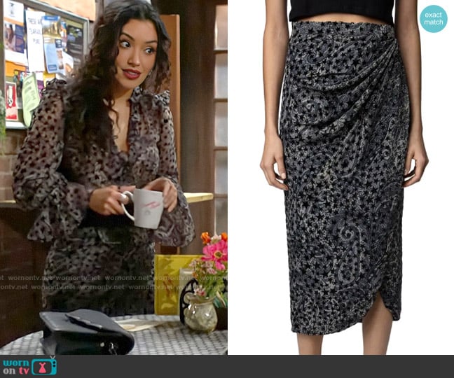 Zadig & Voltaire Jamelia Burnout Stars Faux Wrap Midi Skirt worn by Audra Charles (Zuleyka Silver) on The Young and the Restless