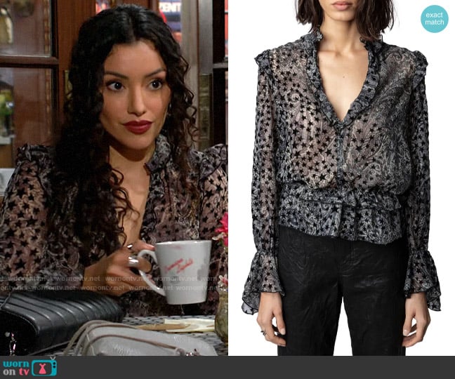 Zadig & Voltaire Tuya Ruffle Trim Burnout Blouse worn by Audra Charles (Zuleyka Silver) on The Young and the Restless