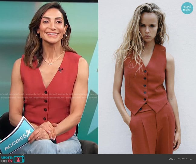 Zara Tailored Linen Blend Waistcoat worn by Courtney Lopez on Access Hollywood