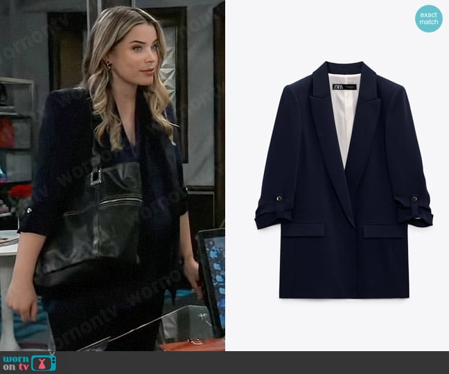 Zara Blazer with Rolled Up Sleeves in Navy worn by Sasha Gilmore (Sofia Mattsson) on General Hospital