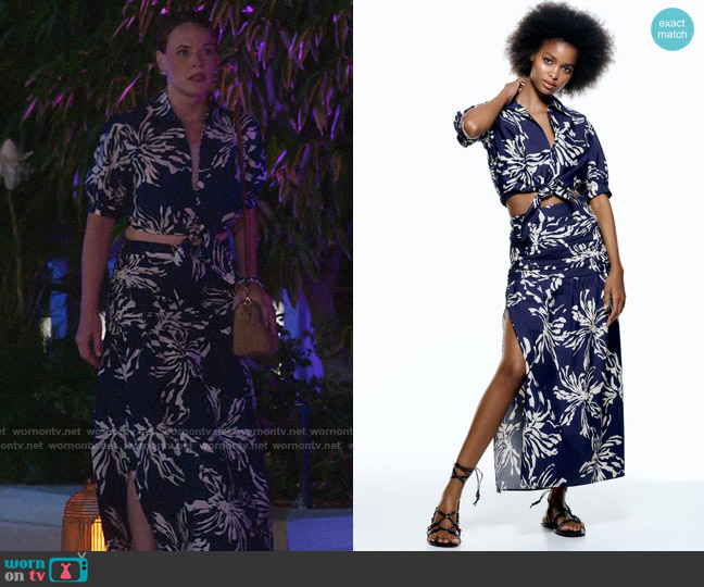 WornOnTV Courtney s navy floral cropped shirt and skirt set on