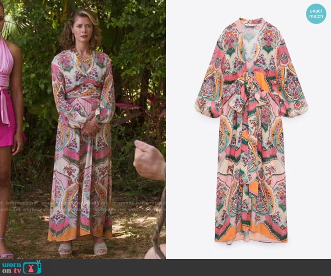 Zara Printed Wrap Dress worn by Sue Beck (Gillian Vigman) on Fantasy Island