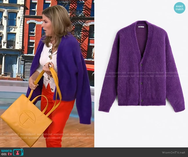 Zara  Textured Cardigan with Three Buttons in Violet worn by Jenna Bush Hager on Today