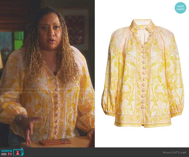 Zimmermann Tropical Print Ramie Blouse worn by Karen Wilson (Tracie Thoms) on 9-1-1