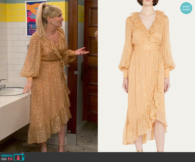 Zimmermann Metallic Polka-Dot Ruffled Wrap Dress worn by Gemma (Beth Behrs) on The Neighborhood