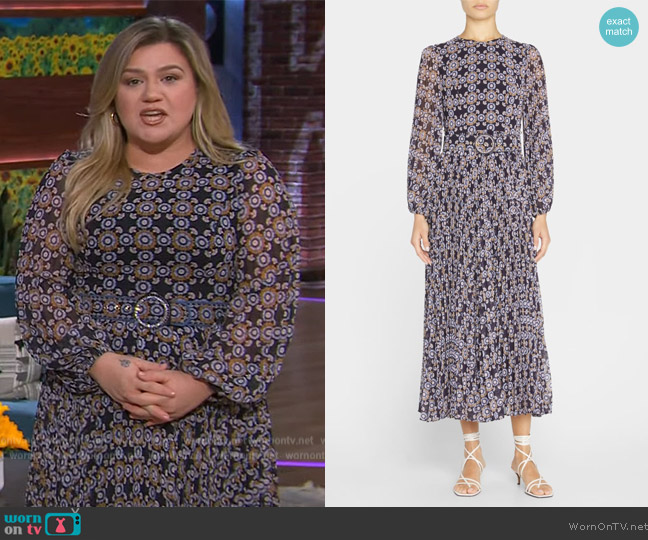 Zimmermann Sunray Floral Pleated Midi Dress with Belt worn by Kelly Clarkson on The Kelly Clarkson Show