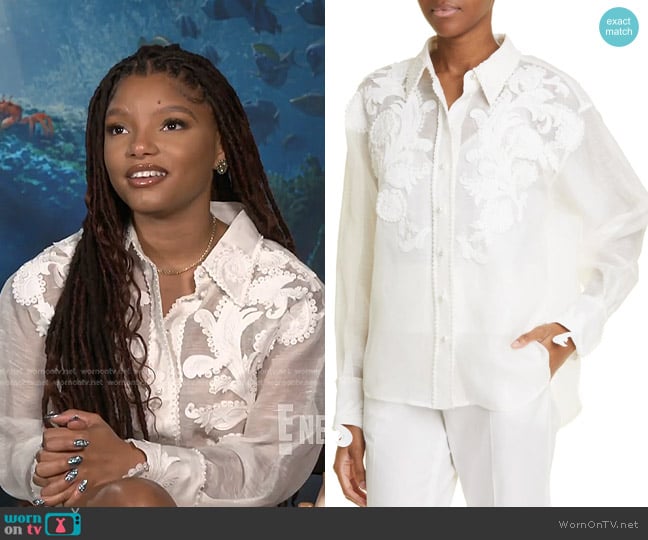 Zimmermann Tama Filigree Linen & Silk Button-Up Shirt worn by Halle Bailey on E! News