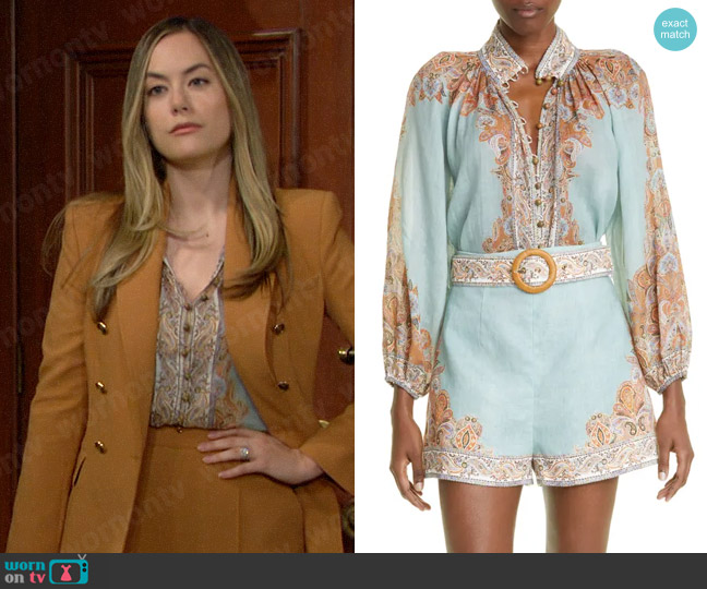 Zimmermann Devi Billow Ramie Blouse worn by Hope Logan (Annika Noelle) on The Bold and the Beautiful