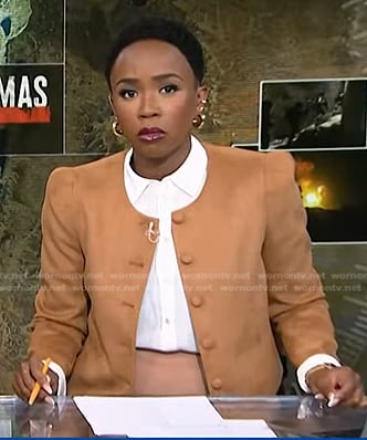 Zinhle Essamuah’s camel suede jacket on NBC News Daily