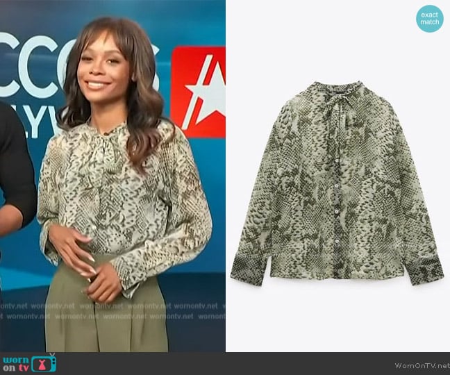 WornOnTV: Zuri’s green animal print tie neck blouse on Access Hollywood ...