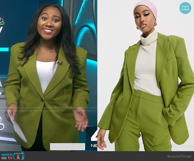 Asos Single Button 70s Suit Blazer in moss worn by Kay Angrum on NBC News Daily