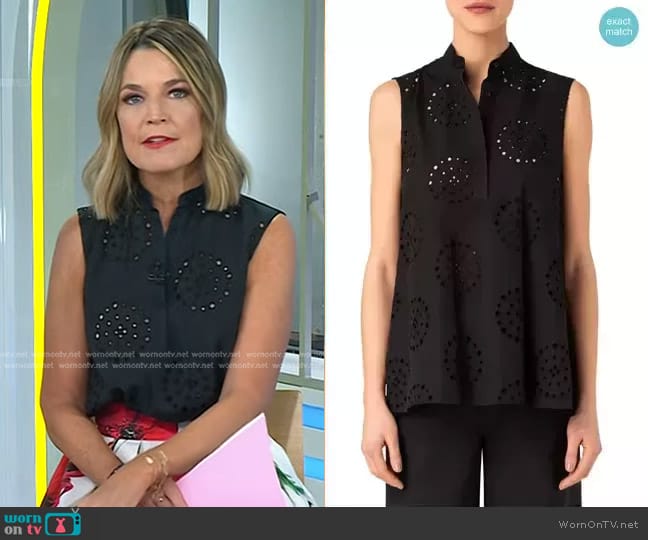 Akris Punto Embroidered Eyelet Cotton Sleeveless Blouse worn by Savannah Guthrie on Today