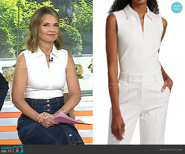 WornOnTV: Savannah’s white zip top and denim skirt on Today | Savannah ...
