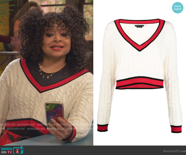 Alice + Olivia Ayden Cropped V-Neck Cable-Knit Sweater worn by Raven Baxter (Raven-Symoné) on Ravens Home