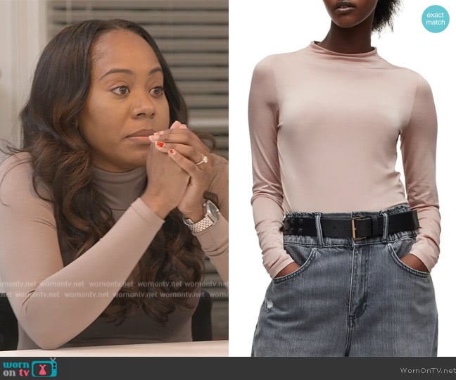 All Saints Marina Funnel Neck Long Sleeve Top worn by Shari Richards on The Real Housewives of Atlanta