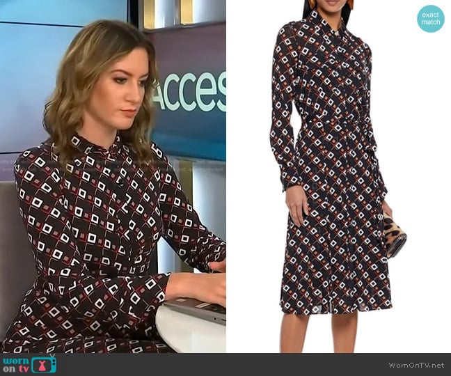 Diane von Furstenberg Andi Belted Printed Mesh Shirt Dress worn by Elizabeth Wagmeister on Access Hollywood