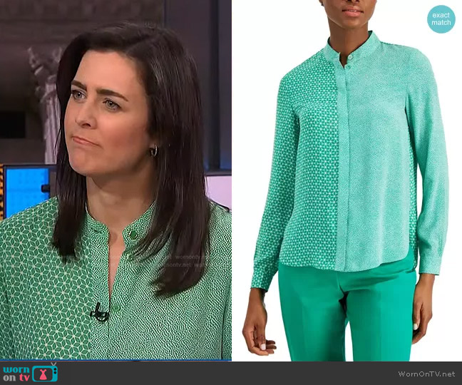 Anne Klein Mixed-Print Covered-Placket Collarless Oxford Top worn by Lindsey Reiser on NBC News Daily