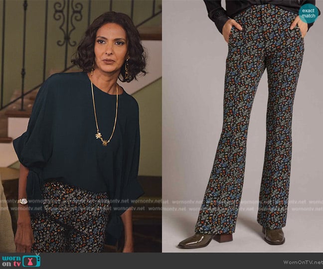 Anthropologie x Scotch and Soda Tailored Flare Pants Black Floral worn by Nalini Vishwakumar (Poorna Jagannathan) on Never Have I Ever