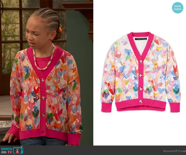 Aqua x Kerri Rosenthal Painted Hearts Cardigan worn by Alice Baxter (Mykal-Michelle Harris) on Ravens Home