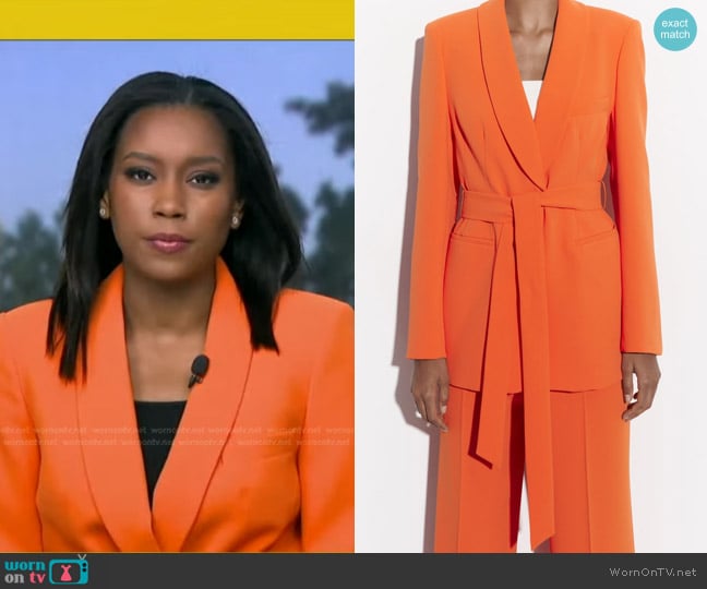 Zara Belted Tuxedo Collar Blazer in Orange worn by Rachel Scott on Good Morning America