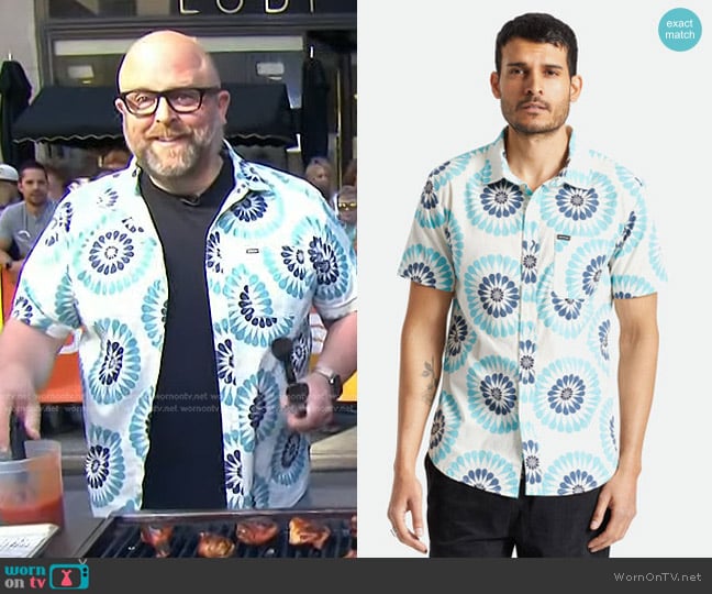 Brixton Charter Print Button Up in Off White/Teal worn by Mark Anderson on Today