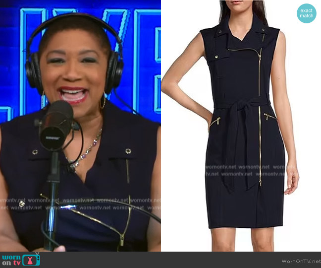 Calvin Klein Notch Collar Zip Front Belted Sleeveless Scuba Crepe Shirt Dress worn by Deja Vu on Live with Kelly and Mark