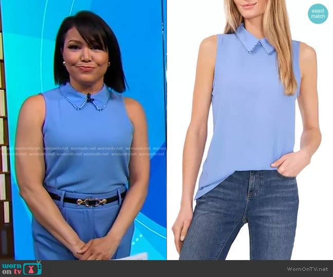 Cece Sleeveless Collared Dot Trim Blouse worn by Stephanie Ramos on Good Morning America