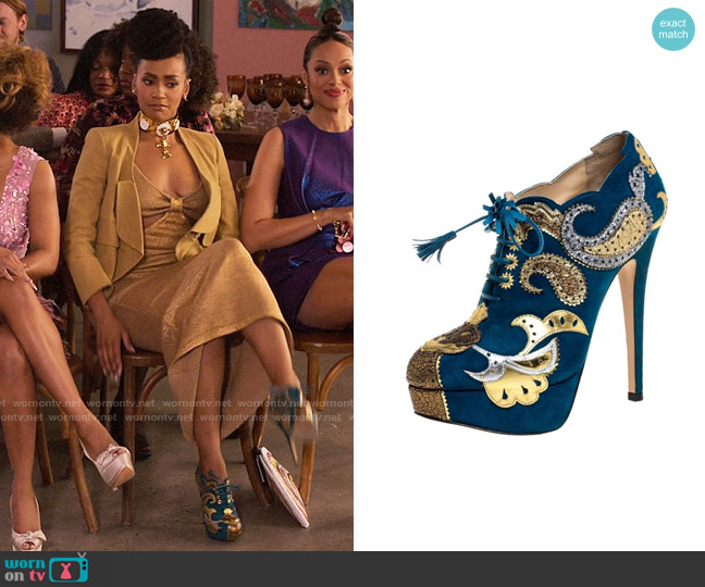 Charlotte Olympia Blue Suede Leather Flower Detail Platform Booties worn by Sondi Hill (Corbin Reid) on Run the World