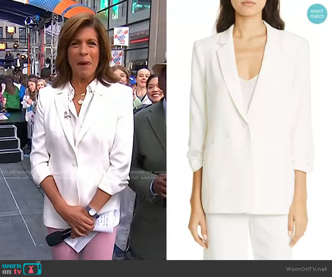 WornOnTV: Hoda’s white ruched sleeve blazer and pink flare pants on ...