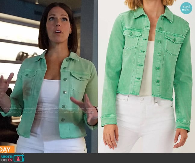 Ecru Jean Jacket Frey Hem in Spring Green worn by Dana Jacobson on CBS Mornings