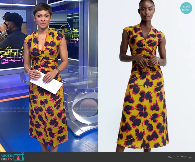 The Fold London Castello Midi Dress Chartreuse Multicolour Silk worn by Jericka Duncan on CBS Evening News