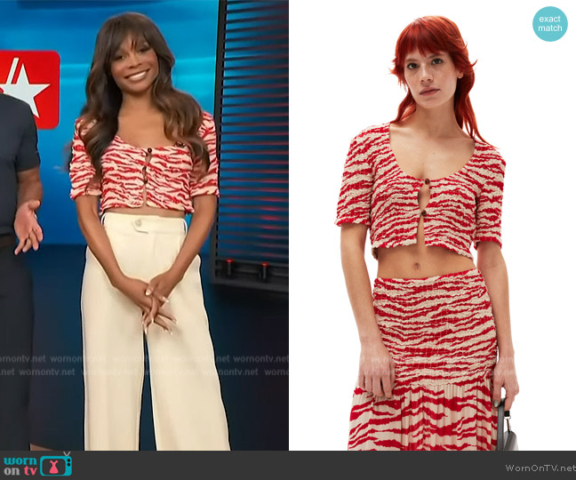 Ganni Printed Georgette Cropped Smocked Blouse worn by Zuri Hall on Access Hollywood