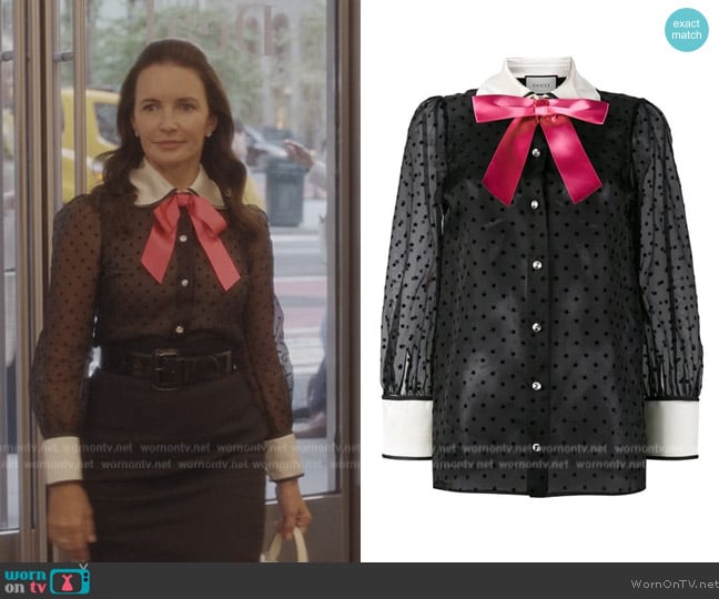 Gucci Embellished Flocked Organza Blouse worn by Charlotte York (Kristin Davis) on And Just Like That