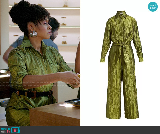 Izayla Crinkled Satin Tie-Front Jumpsuit in Olive worn by Sondi Hill (Corbin Reid) on Run the World