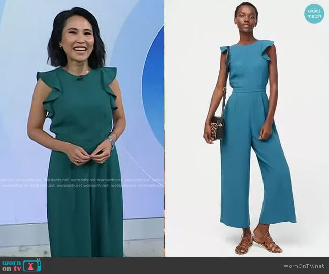 J. Crew Sleeveless ruffle jumpsuit in 365 crepe Spicy Jade worn by Vicky Nguyen on Today