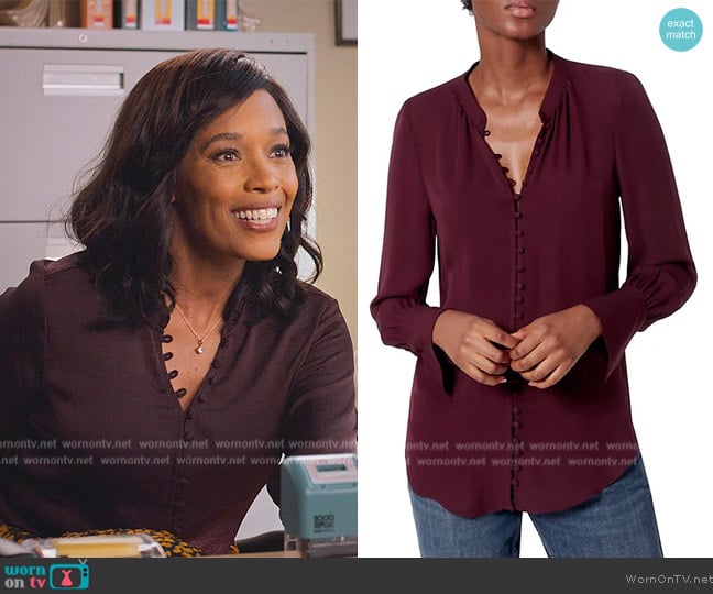 Joie Tariana Button-Up Silk Blouse worn by Tembi Locke (Tembi Locke) on Never Have I Ever