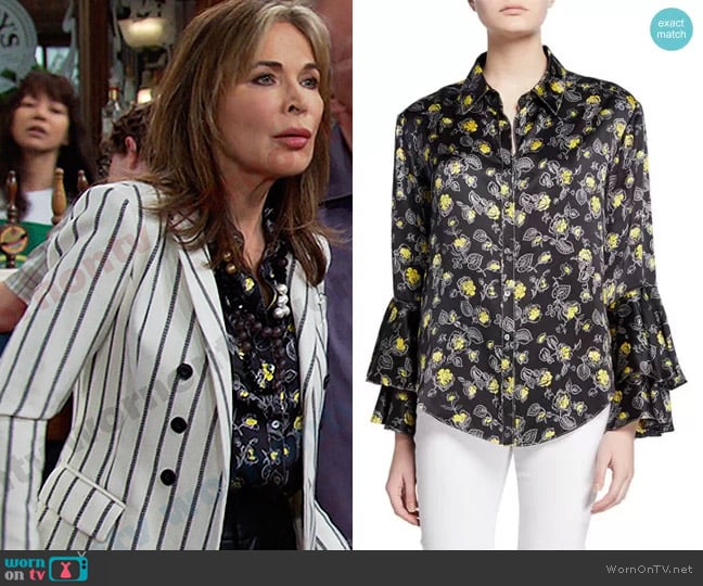 Cinq a Sept Kirby Floral-Print Ruffle-Sleeve Button-Down Top worn by Kate Roberts (Lauren Koslow) on Days of our Lives