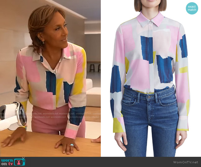 Lafayette 148 NY Scottie Silk Blouse in Grey Mist Multi worn by Robin Roberts on Good Morning America