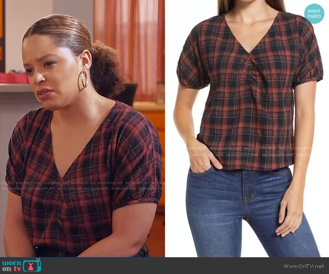 Madewell Plaid Gathered V-Neck Top worn by Antonia Hylton on NBC News Daily