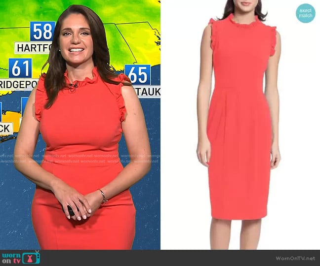 Maggy London Ruffle Mock Neck Sheath Dress in Watermelon worn by Maria Larosa on Today