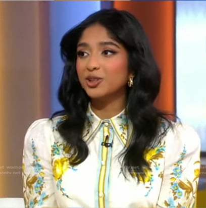 Maitreyi Ramakrishnan’s white floral shirtdress on Good Morning America