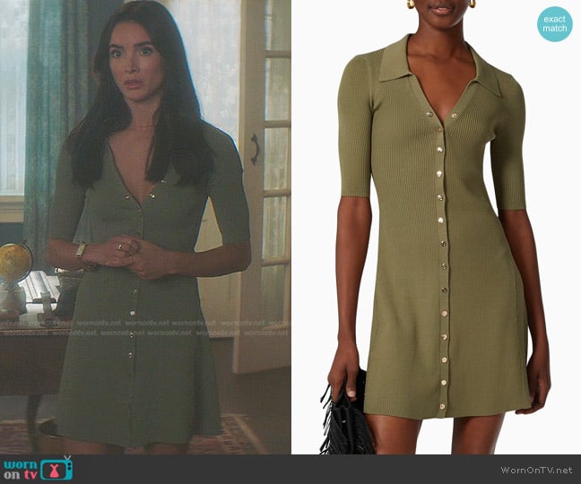 Maje Rimose Rib-Knit Mini Dress in Khaki worn by Bess (Maddison Jaizani) on Nancy Drew