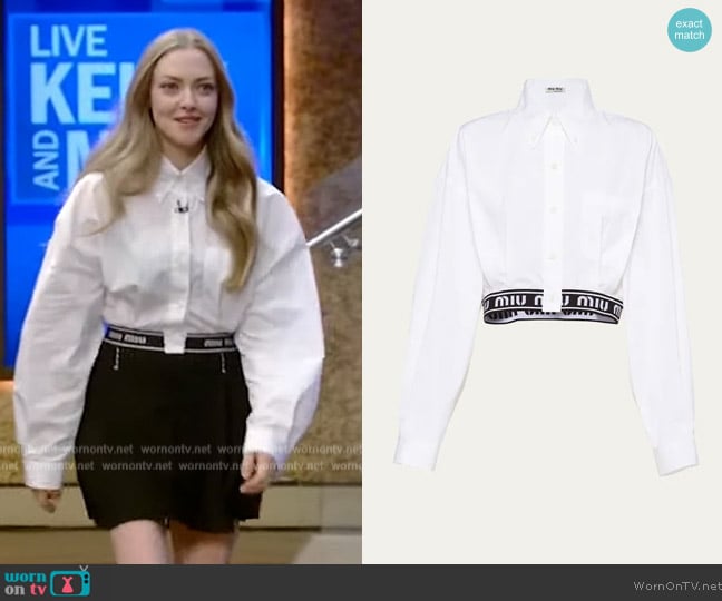 Miu Miu Logo Band Crop Poplin Shirt worn by Amanda Seyfried on Live with Kelly and Mark