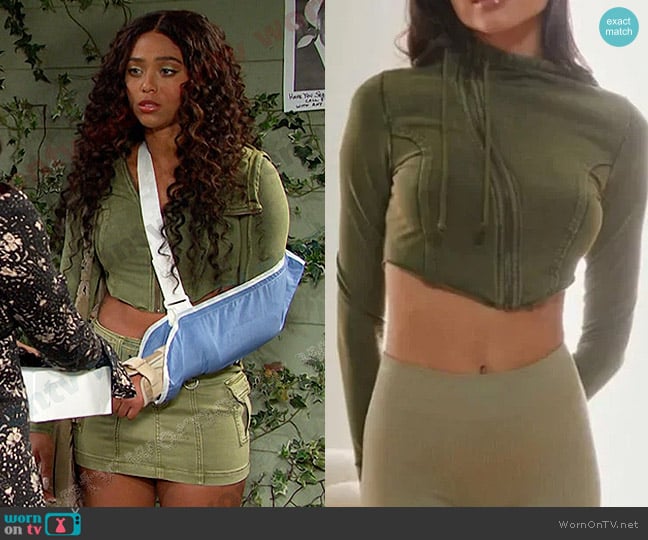 Out From Under Aiden Asymmetrical-Zip Cropped Sweatshirt worn by Talia Hunter (Aketra Sevellian) on Days of our Lives