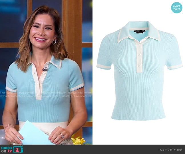 Alice + Olivia Pia Rib-Knit Polo Shirt worn by Rebecca Jarvis on Good Morning America