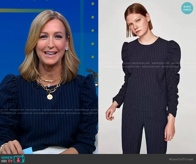 Pinstripe Ruched Sleeve Top by Zara worn by Lara Spencer on Good Morning America