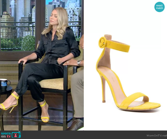Gianvito Rossi Portofino 110mm suede sandals worn by Kelly Ripa on Live with Kelly and Mark