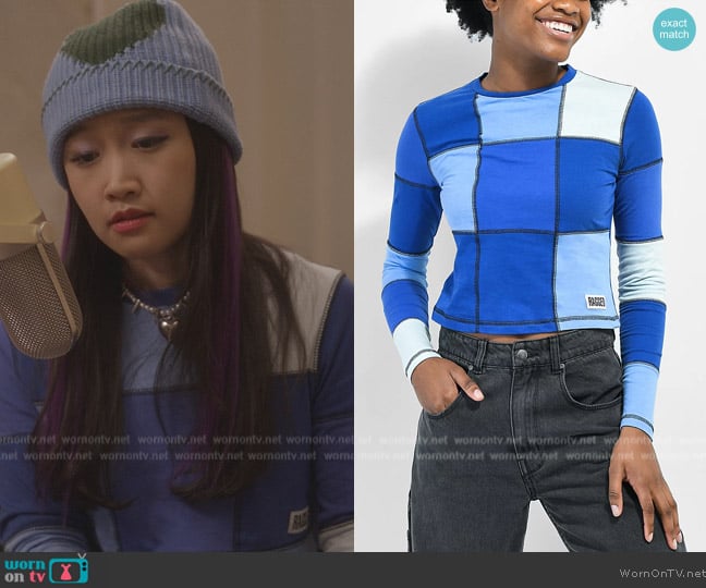 Ragged Priest Blue Square Panel Crop Top worn by Lily Goldenblatt (Cathy Ang) on And Just Like That